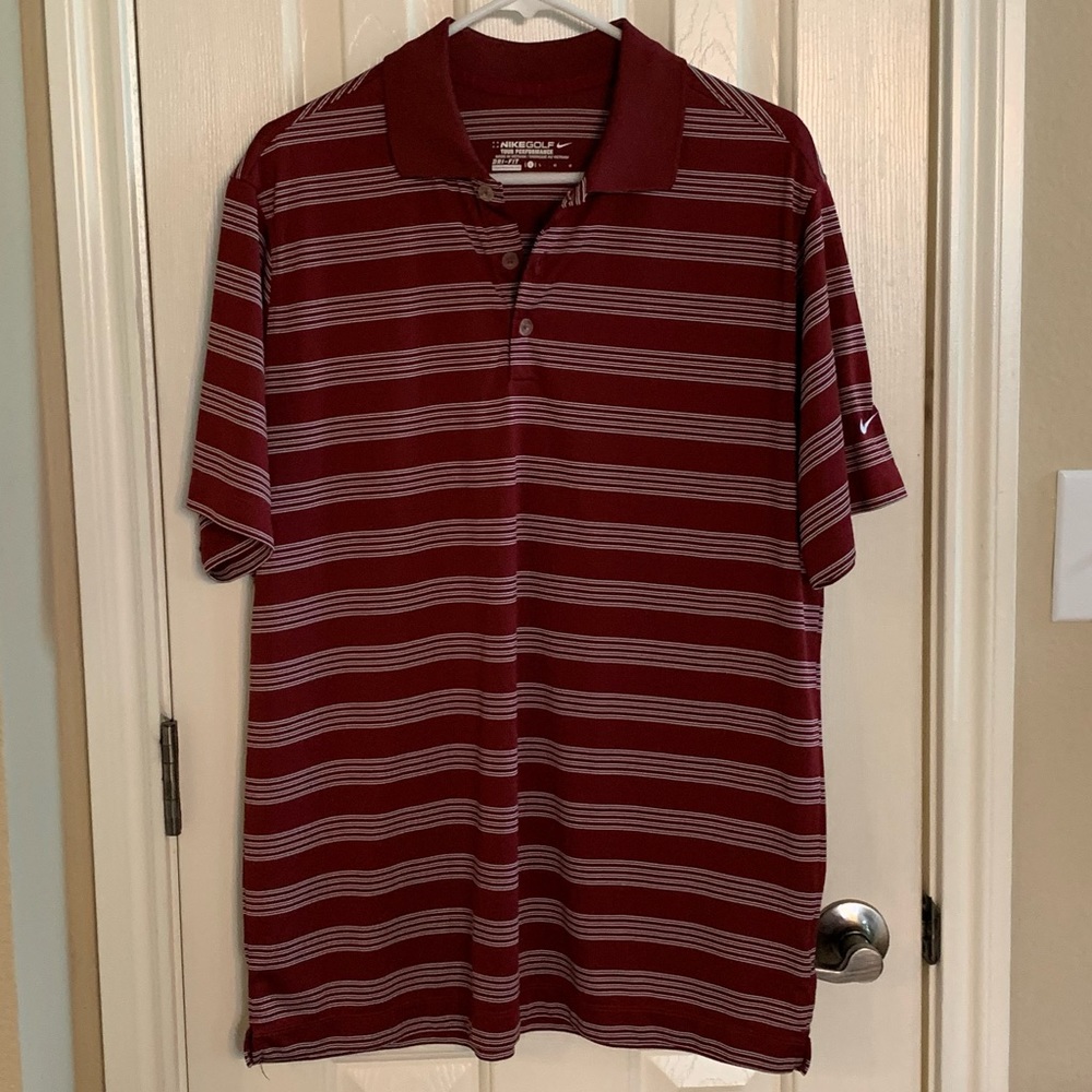 Nike Tour Performance Dri-Fit Golf Polo - Maroon with white stripes.